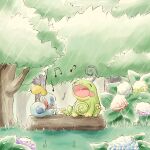  closed_eyes commentary_request day gen_2_pokemon gen_8_pokemon grass kinakomochi_(kazuna922) music musical_note no_humans open_mouth outdoors pokemon pokemon_(creature) politoed rain singing sitting sobble toes tongue tree 