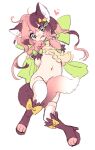  1girl :p amezawa_koma animal_ears between_legs blush boots bottomless cat_ears cat_girl cat_tail full_body gloves hands_up head_tilt heart heterochromia high_heels long_hair looking_at_viewer multicolored_hair navel nose_blush original paw_boots paw_gloves paws pink_hair simple_background solo tail tail_between_legs tail_censor thighhighs tongue tongue_out two-tone_hair white_background white_legwear 