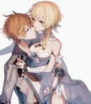  1boy 1girl bare_shoulders blonde_hair blue_eyes breasts capelet cleavage coat collarbone dress feather_hair_ornament feathers flower gauntlets genshin_impact hair_between_eyes hair_flower hair_ornament kino_(m6t2a) lumine_(genshin_impact) orange_hair short_hair simple_background tartaglia_(genshin_impact) white_background white_coat white_dress yellow_eyes 