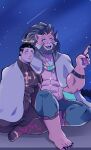  2boys arsalan_(tokyo_houkago_summoners) bara black_bodysuit bodysuit bulge couple covered_abs facial_hair furry halo highres interspecies lion_boy lisuchi male_focus mature_male multiple_boys muscular muscular_male navel pectorals short_hair sideburns sky star_(sky) starry_sky stubble tokyo_houkago_summoners yaoi zabaniya_(tokyo_houkago_summoners) 