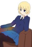  1girl armchair bangs black_legwear black_neckwear blonde_hair blue_eyes blue_skirt blue_sweater braid chair closed_mouth commentary darjeeling_(girls_und_panzer) dress_shirt elbow_rest eyebrows_visible_through_hair girls_und_panzer long_sleeves looking_at_viewer miniskirt necktie pantyhose pleated_skirt school_uniform shirogane_aoi shirt short_hair simple_background sitting skirt smile solo st._gloriana&#039;s_school_uniform sweater tied_hair twin_braids v-neck white_background white_shirt wing_collar 