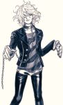  1boy bangs chain closed_eyes collar collarbone danganronpa_(series) danganronpa_another_episode:_ultra_despair_girls gloves grey_background hair_over_one_eye highres holding holding_chain jacket komaeda_nagito messy_hair metal_collar mittens monochrome open_clothes open_jacket pants rei_(tdn_ng) shiny shiny_clothes shirt simple_background smile solo standing striped striped_gloves striped_shirt two-tone_shirt 