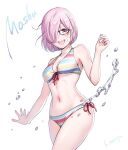  1girl bangs bare_shoulders bikini blush breasts character_name cleavage fate/grand_order fate_(series) glasses hair_over_one_eye light_purple_hair looking_at_viewer mash_kyrielight medium_breasts multicolored multicolored_stripes navel open_mouth purple_eyes rainbow_bikini sasuga_kei short_hair side-tie_bikini simple_background smile solo striped striped_bikini swimsuit swimsuit_of_perpetual_summer_ver.02 thighs water white_background 