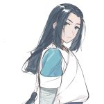  1boy black_hair blue_eyes expressionless gihuta_hiroshi long_hair low-tied_long_hair short_sleeves simple_background solo the_legend_of_luo_xiaohei upper_body white_background wuxian_(the_legend_of_luoxiaohei) 