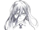  1boy bangs closed_mouth collared_shirt commentary cropped_shoulders danganronpa_(series) danganronpa_2:_goodbye_despair expressionless face greyscale hair_between_eyes highres kamukura_izuru long_hair looking_at_viewer monochrome necktie rei_(tdn_ng) shirt simple_background solo star_(symbol) star_in_eye symbol_in_eye white_background 