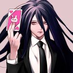  1boy bangs black_hair black_jacket black_neckwear card collared_shirt commentary_request danganronpa_(series) danganronpa_2:_goodbye_despair formal hair_between_eyes hand_up heart highres holding jacket kamukura_izuru long_hair long_sleeves looking_at_viewer male_focus monomi_(danganronpa) necktie pink_background playing_card red_eyes rei_(tdn_ng) shirt simple_background solo very_long_hair white_shirt 