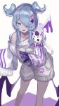  1girl absurdres animal_ears animal_on_shoulder bangs black_sclera blue_eyes blue_hair collarbone colored_sclera dragon dragon_girl dragon_wings elira_pendora extra_eyes fangs gloves grey_gloves grey_overalls hair_over_one_eye highres leaning_forward looking_at_viewer low_wings nijisanji nijisanji_en off_shoulder one_eye_covered overall_shorts pikl_(elira_pendora) shiro_wa_(shiroshironix) single_glove sleeves_past_wrists solo sweater virtual_youtuber white_eyes white_sweater wings 