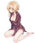  1girl absurdres blonde_hair blush breasts collarbone covering covering_breasts embarrassed frown genshin_impact hair_between_eyes highres jacket kino_(m6t2a) looking_at_viewer lumine_(genshin_impact) naked_jacket seiza short_hair simple_background sitting solo white_background yellow_eyes 