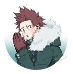  1boy boku_no_hero_academia breath buttons cold fur-trimmed_hood fur_trim gloves green_jacket hair_slicked_back hands_together hood hooded_jacket jacket kirishima_eijirou looking_to_the_side male_focus open_mouth red_eyes red_hair sharp_teeth short_eyebrows short_hair spiked_hair teeth tsurime upper_body winter_clothes y_(hellenism) zipper 