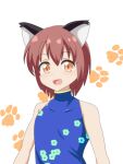  1girl :d animal_ears bare_shoulders blue_dress brown_eyes brown_hair cat_ears cato_(monocatienus) chen dress fang floral_print gold_trim looking_at_viewer no_hat no_headwear open_mouth paw_print paw_print_background short_hair simple_background skin_fang smile solo touhou upper_body white_background 