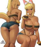  1girl angle animal_ears ass blonde_hair blue_eyes blush breasts cleavage dark_skin denim denim_shorts donburi_(donburikazoku) fang hand_on_hip highres large_breasts leaning_forward liru o-ring o-ring_top plump renkin_san-kyuu_magical_pokaan seductive_smile short_shorts shorts sitting smile standing tail thick_thighs thighs torn_clothes torn_shorts underboob wolf_ears wolf_girl wolf_tail 