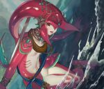 1girl breasts brown_eyes closed_mouth colored_skin fins fish_girl from_side hair_ornament highres holding holding_weapon jewelry long_hair looking_at_viewer mipha monster_girl multicolored multicolored_skin no_eyebrows pointy_ears red_hair red_skin rei_(tdn_ng) rope smile solo the_legend_of_zelda the_legend_of_zelda:_breath_of_the_wild water weapon yellow_eyes zora 
