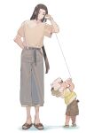  2boys animal_ears belt black_hair brown_shorts cat_boy cat_ears child gihuta_hiroshi grey_pants highres long_hair luoxiaohei multiple_boys pants profile sandals shadow shirt shirt_tucked_in short_hair short_sleeves shorts string_phone the_legend_of_luo_xiaohei very_long_hair white_hair white_shirt wuxian_(the_legend_of_luoxiaohei) 