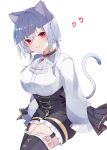  1girl absurdres animal_ears ascot bangs black_legwear black_shorts breasts cat_ears cat_tail commentary_request eyebrows_visible_through_hair feet_out_of_frame frilled_legwear frilled_shorts frills garter_straps hakase_fuyuki heart highres kemonomimi_mode large_breasts low_twintails nijisanji puffy_sleeves shirt shorts silver_hair simple_background sleeves_past_fingers sleeves_past_wrists solo tail thighhighs twintails virtual_youtuber white_background white_neckwear white_shirt white_sleeves yayoi_asuka 