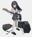  1girl amplifier_(instrument) backpack backpack_removed bag bass_guitar black_bag black_hair black_skirt brown_footwear cable closed_mouth collared_shirt full_body grey_background grey_eyes hair_between_eyes highres holding holding_instrument instrument loafers long_hair looking_at_viewer neck_ribbon original pedal_(instrument) pleated_skirt red_neckwear ribbon school_uniform shirt shirt_tucked_in shoes short_sleeves simple_background skirt socks solo standing white_legwear white_shirt zumochi 