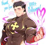  1boy bara black_bodysuit blush bodysuit covered_abs covered_navel facial_hair finger_heart halo heart highres hip_vent large_pectorals lisuchi looking_at_viewer male_focus mature_male milestone_celebration muscular muscular_male pectorals short_hair sideburns skin_tight smile solo spoken_blush stubble tokyo_houkago_summoners upper_body zabaniya_(tokyo_houkago_summoners) 