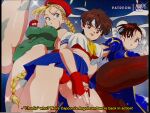  1980s_(style) 3girls artist_name bangs beret blonde_hair blue_eyes blue_sailor_collar blue_skirt bluethebone braid breasts brown_eyes brown_hair bun_cover cammy_white china_dress chinese_clothes chun-li commentary covered_nipples double_bun dress english_commentary english_text fingerless_gloves from_below gloves green_leotard hat headband kanchou kasugano_sakura leotard long_hair looking_at_viewer looking_to_the_side midriff multiple_girls neckerchief open_mouth panties pantyhose patreon_logo patreon_username pleated_skirt red_gloves red_headwear red_panties red_sports_bra retro_artstyle sailor_collar scar scar_on_cheek scar_on_face school_uniform serafuku shirt short_hair short_sleeves skirt smile sports_bra street_fighter street_fighter_ii_(series) street_fighter_zero_(series) subtitled twin_braids underwear very_long_hair white_headband white_shirt yellow_neckwear 