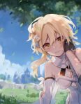  1boy 1girl bare_shoulders blonde_hair blue_sky blush breasts cleavage flower genshin_impact gloves grass hair_between_eyes hair_flower hair_ornament hand_on_another&#039;s_face highres kino_(m6t2a) looking_at_viewer lumine_(genshin_impact) outdoors short_hair sky tartaglia_(genshin_impact) tree yellow_eyes 