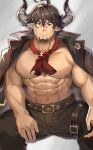 1boy abs absurdres bara barawa bare_pectorals brown_eyes brown_pants cravat draph facial_hair goatee granblue_fantasy harness highres huge_filesize jacket jacket_on_shoulders large_pectorals leather leather_pants looking_at_viewer male_focus mature_male muscular muscular_male navel nipples pants pectorals pointy_ears short_hair solo spread_legs stomach tekkowang 