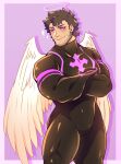  1boy angel angel_wings bara beard black_bodysuit black_hair bodysuit bulge crossed_arms facial_hair feathered_wings highres lisuchi male_focus mature_male muscular muscular_male nether_angel_(tokyo_houkago_summoners) pectorals short_hair sideburns skin_tight smile solo sparkle stubble thick_thighs thighs tokyo_houkago_summoners wings 