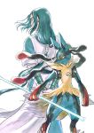  1boy arms_behind_back blue_hair from_behind gen_4_pokemon highres holding long_hair low-tied_long_hair lucario micho pokemon pokemon_(creature) profile short_sleeves simple_background the_legend_of_luo_xiaohei very_long_hair white_background wind wuxian_(the_legend_of_luoxiaohei) 