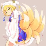  1girl animal_ears blonde_hair blush breasts dress feet_out_of_frame fox_ears fox_tail from_behind grey_background hat looking_at_viewer looking_back medium_breasts multiple_tails musical_note nama_shirasu pillow_hat short_hair simple_background smile solo tabard tail touhou white_dress yakumo_ran yellow_eyes 