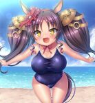  +_+ 1girl :d animal_ears ass_visible_through_thighs bangs black_hair blue_swimsuit breasts day eyebrows_visible_through_hair fang hair_ornament horse_ears horse_girl horse_tail impossible_clothes impossible_swimsuit leaning_forward looking_at_viewer marvelous_sunday_(umamusume) old_school_swimsuit one-piece_swimsuit open_mouth outdoors school_swimsuit smile solo swimsuit tail takeponi twintails umamusume yellow_eyes 