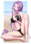  1girl alternate_costume bare_legs bare_shoulders barefoot bikini black_bikini breast_grab breasts fate/stay_night fate_(series) feet full_body grabbing grabbing_own_breast highres ichi_yoshida large_breasts legs long_hair looking_at_viewer medusa_(fate) medusa_(rider)_(fate) navel purple_eyes purple_hair self_fondle sitting soles solo stomach swimsuit thighs toenails toes very_long_hair 