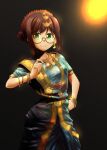  1girl bangs black_background blue_dress bracelet brown_hair closed_mouth cowboy_shot dress earrings girls_und_panzer glasses green_eyes hair_ornament hand_on_hip highres indian_clothes jewelry necklace nilgiri_(girls_und_panzer) r-ex round_eyewear sari semi-rimless_eyewear short_hair short_sleeves smile solo standing swept_bangs tied_hair traditional_clothes under-rim_eyewear yellow-framed_eyewear 