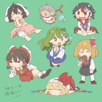  +_+ 6+girls animal_ears barefoot black_hair black_skirt black_vest blonde_hair bloomers blue_skirt blush_stickers boned_meat bow brown_hair bunny_ears carrot chibi citrus_(place) closed_eyes crystal detached_sleeves dress eating ebisu_eika fang fang_out fangs flandre_scarlet food full_body green_background green_eyes green_hair hair_bow hair_ornament hair_tubes hakurei_reimu hand_on_own_cheek hand_on_own_face hands_clasped hat hat_bow highres holding holding_food horns inaba_tewi jellyfish kijin_seija kochiya_sanae long_earlobes long_hair long_sleeves lying meat multicolored_hair multiple_girls on_stomach open_mouth own_hands_together pink_dress red_bow red_eyes red_hair red_neckwear red_shirt red_skirt rumia shirt shoes short_hair short_sleeves skirt smile snake_hair_ornament socks streaked_hair touhou translated underwear vest white_headwear white_legwear white_shirt wings yellow_neckwear 