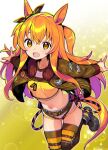  1girl :d animal_ears black_footwear black_ribbon brown_jacket brown_legwear commentary crop_top dog_tags ear_ribbon horse_ears horse_girl horse_tail jacket long_hair long_sleeves looking_at_viewer mayano_top_gun_(umamusume) midriff navel open_mouth orange_hair outstretched_arms ribbon shoes shorts shunin smile solo standing standing_on_one_leg striped striped_legwear tail thighhighs thighs two_side_up umamusume white_shorts yellow_eyes 