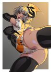  1girl absurdres ass_visible_through_thighs bangs bea_(pokemon) black_bodysuit black_gloves black_hairband bodysuit bodysuit_under_clothes border bow_hairband breasts covered_nipples cropped_shirt crotch crotch_seam elbow_gloves gloves grey_eyes grey_hair gym_leader hairband highres incoming_attack kicking looking_at_viewer medium_breasts medium_hair motion_blur open_mouth pokemon pokemon_(game) pokemon_swsh print_shirt print_shorts shirt short_shorts short_sleeves shorts sidelocks skindentation slit_pupils solo tan thighhighs twisted_torso upshorts yin-ting_tian 