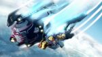  1girl apex_legends clenched_hand flying glowing helmet highres looking_ahead mecha motion_blur northstar_(titanfall) open_hand planet science_fiction space titanfall_(series) titanfall_2 valkyrie_(apex_legends) visor yukiharuorent 