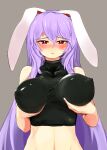  1girl animal_ears bare_shoulders blush breast_hold breasts bunny_ears covered_nipples ears_down frown grey_background highres large_breasts long_hair looking_at_viewer midriff nama_shirasu navel nose_blush parted_lips purple_hair red_eyes reisen_udongein_inaba simple_background solo touhou triangle_mouth upper_body very_long_hair 