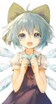  1girl :d absurdres ahoge blue_dress blue_eyes blue_hair bow cirno dress hair_bow happy heart highres holding ice ice_wings looking_at_viewer open_mouth short_hair simple_background siyumu smile solo touhou upper_body white_background wings 