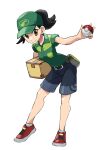  1girl belt black_belt black_hair box breasts brown_eyes case-k closed_mouth collared_shirt commentary_request eyelashes full_body green_headwear green_shirt hat highres holding holding_box holding_poke_ball original poke_ball poke_ball_(basic) pokemon red_footwear shirt shoes short_sleeves shorts simple_background smile socks solo standing white_background white_legwear 