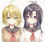  2girls :p ahoge alternate_hair_length alternate_hairstyle antenna_hair black_hair blonde_hair green_eyes hair_between_eyes highres hoshii_miki idolmaster idolmaster_million_live! kikuchi_makoto long_hair looking_at_viewer multiple_girls purple_eyes ryourin school_uniform serafuku short_hair tongue tongue_out upper_body white_background 