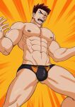  1boy abs ass_visible_through_thighs bara beard biceps black_male_underwear boku_no_hero_academia briefs bulge danichigo facial_hair feet_out_of_frame highres large_pectorals male_focus male_underwear mature_male muscular muscular_male navel nipples pectorals scar scar_across_eye short_hair shouting sideburns solo spiked_hair stomach stubble thick_thighs thighs todoroki_enji underwear underwear_only 