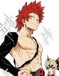  2boys abs angry bakugou_katsuki belt blonde_hair blush boku_no_hero_academia clenched_hand detached_sleeves diffraction_spikes eye_mask hair_slicked_back kirishima_eijirou looking_down male_focus multiple_boys nipples pectorals red_eyes red_hair scar scar_on_face short_eyebrows short_hair smile spiked_hair sweat upper_body y_(hellenism) 