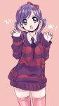  1girl amezawa_koma aran_sweater bow collared_shirt contrapposto fingernails hair_bow hands_up long_sleeves looking_at_viewer necktie open_mouth orange_background original pink_legwear purple_eyes purple_hair red_bow shirt solo striped striped_sweater sweater thighhighs twintails wing_collar 