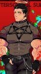  1boy alternate_costume bara black_collar chest_harness collar covered_abs covered_navel cowboy_shot cross cross_earrings earrings grey_shirt halo hand_in_pocket harness highres jewelry large_pectorals lisuchi looking_to_the_side male_focus mature_male muscular muscular_male pectorals shirt short_hair short_sleeves sideburns solo standing taut_clothes taut_shirt thick_thighs thighs tokyo_houkago_summoners zabaniya_(tokyo_houkago_summoners) 