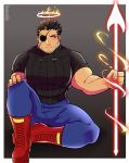  1boy alternate_costume arrow_(projectile) bara biceps black_bodysuit black_sweater blue_pants bodysuit denim energy_arrow eyepatch facial_hair fire full_body halo highres holding holding_arrow jeans large_pectorals lisuchi male_focus mature_male muscular muscular_male pants pectorals short_hair sideburns sitting solo stubble sweater tokyo_houkago_summoners zabaniya_(tokyo_houkago_summoners) 