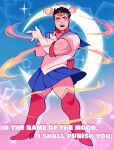  1boy alternate_costume bara biceps bishoujo_senshi_sailor_moon blue_skirt catchphrase collar commentary cosplay crossdressing english_commentary english_text facial_hair full_body halo high_heels highres kneehighs lisuchi looking_at_viewer male_focus mature_male muscular muscular_male red_collar sailor_collar sailor_moon sailor_moon_(cosplay) short_hair sideburns skirt solo stubble thick_thighs thighs tokyo_houkago_summoners tsuki_ni_kawatte_oshioki_yo zabaniya_(tokyo_houkago_summoners) 