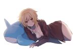  1girl blonde_hair blush breasts collarbone embarrassed genshin_impact hair_between_eyes highres jacket kino_(m6t2a) looking_at_viewer lumine_(genshin_impact) lying naked_jacket on_stomach short_hair simple_background solo stuffed_toy wavy_mouth white_background yellow_eyes 