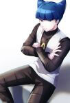  1boy bangs blue_eyes blue_hair blunt_bangs closed_mouth commentary_request crossed_arms highres koine_(draw) long_sleeves male_focus pokemon pokemon_(game) pokemon_dppt saturn_(pokemon) shiny shiny_hair short_hair sitting solo team_galactic vest white_vest 