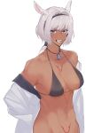  1girl animal_ears bikini bikini_top black_bikini blue_eyes body_markings bottomless breasts caenis_(fate) cowboy_shot dark-skinned_female dark_skin dog_tags fate/grand_order fate_(series) hair_intakes headband highres jacket large_breasts long_hair muscular muscular_female navel removing_jacket sabamori swimsuit tattoo white_background white_hair white_jacket 