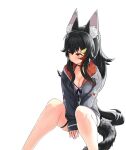  1girl animal_collar animal_ears arms_between_legs bangs bikini bikini_under_clothes black_collar black_hair black_hoodie blush breasts brown_eyes cleavage collar embarrassed feet_out_of_frame hair_between_eyes hair_ornament hairclip highres hololive hood hoodie large_breasts long_hair looking_away looking_to_the_side low-tied_long_hair multicolored_hair ookami_mio partially_unzipped red_hair sidelocks sideways_glance simple_background sitting skindentation solo streaked_hair swimsuit tail thigh_strap very_long_hair virtual_youtuber white_background wolf_ears wolf_girl wolf_tail xiaodong327399 