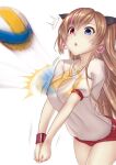  1girl blue_eyes breasts buruma chestnut_mouth girls&#039;_frontline gym_shirt gym_uniform heterochromia long_hair medium_breasts mk23_(girls_frontline) multicolored_hair red_eyes shirt solo streaked_hair very_long_hair volleyball yui_hiroshi 