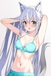  1girl animal_ear_fluff animal_ears aqua_bikini aqua_eyes aqua_skirt arms_up bangs bikini bikini_top blush braid breasts collarbone fox_ears fox_girl fox_tail front-tie_bikini front-tie_top hair_between_eyes happycalpis highres hololive long_hair looking_at_viewer medium_breasts navel open_mouth shirakami_fubuki simple_background single_braid skirt solo stomach swimsuit tail upper_body virtual_youtuber white_hair 