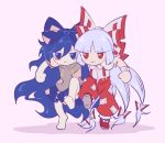  2girls arm_around_shoulder bags_under_eyes bangs bare_shoulders blue_bow blue_eyes blue_hair blue_skirt blunt_bangs bow chibi commentary_request footwear_bow fujiwara_no_mokou grey_hair grey_hoodie guuchama hair_bow hood hoodie long_hair multiple_girls pants pink_background red_bow red_eyes red_footwear red_pants shirt shoes short_sleeves simple_background skirt suspenders torn_clothes torn_sleeves touhou trait_connection very_long_hair walking white_bow white_shirt wrist_cuffs yorigami_shion 